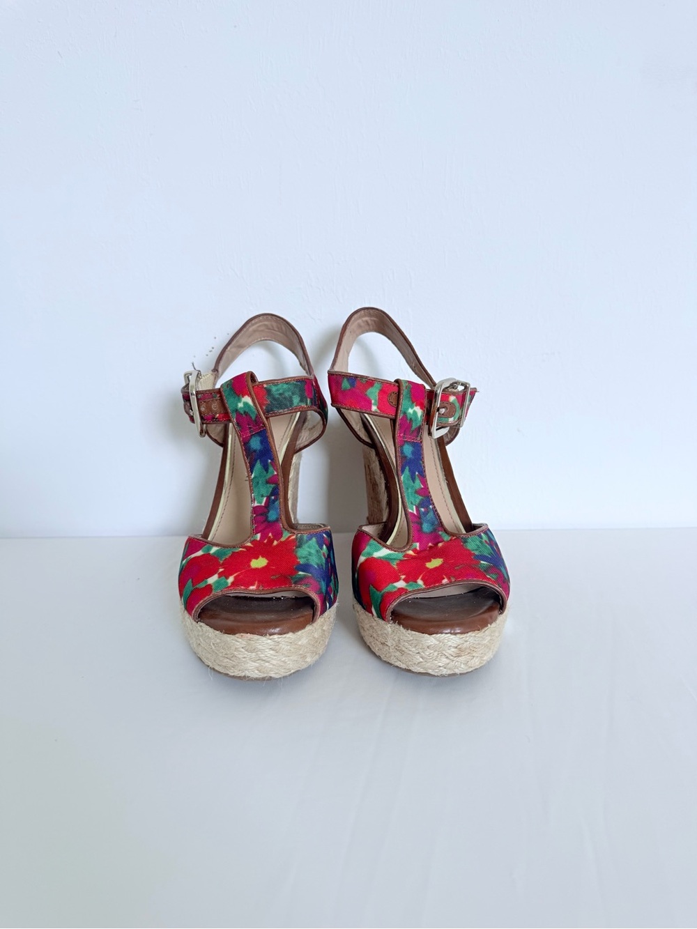 ANTONIO MELANI Red Floral Cork Espadrille Wedge Sandals - Picture 3 of 5